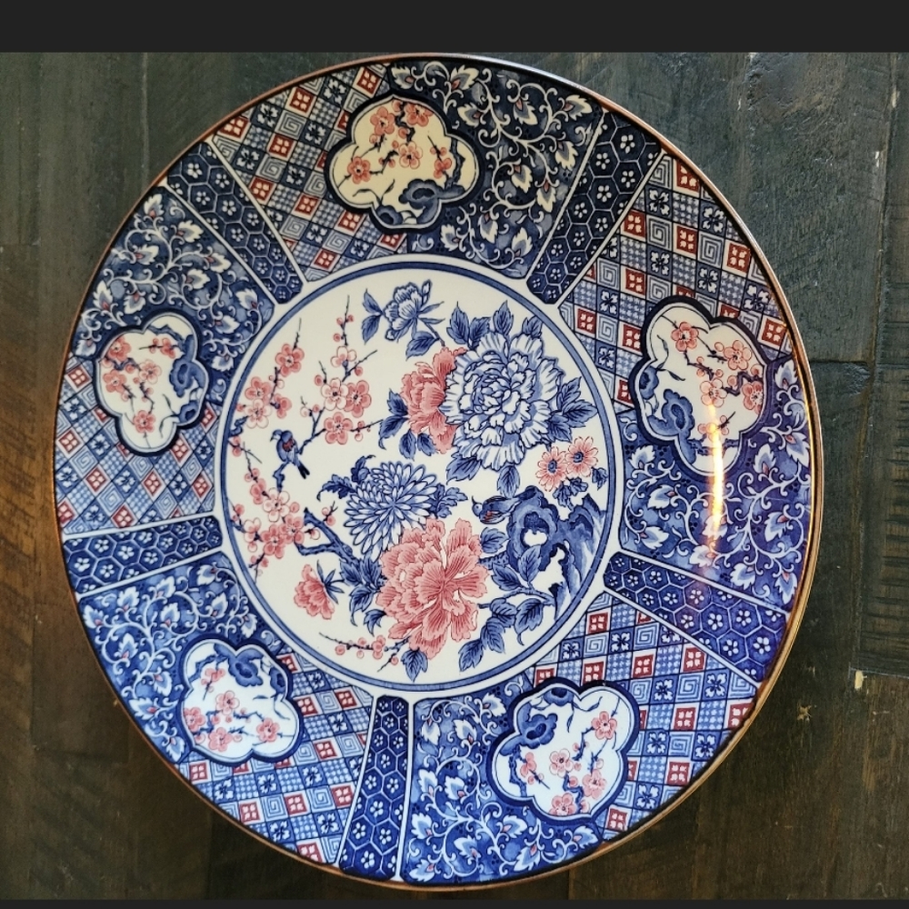Vintage Japanese Imari Blue Pink & White Chrysanthemums Charger Fine Porcelain